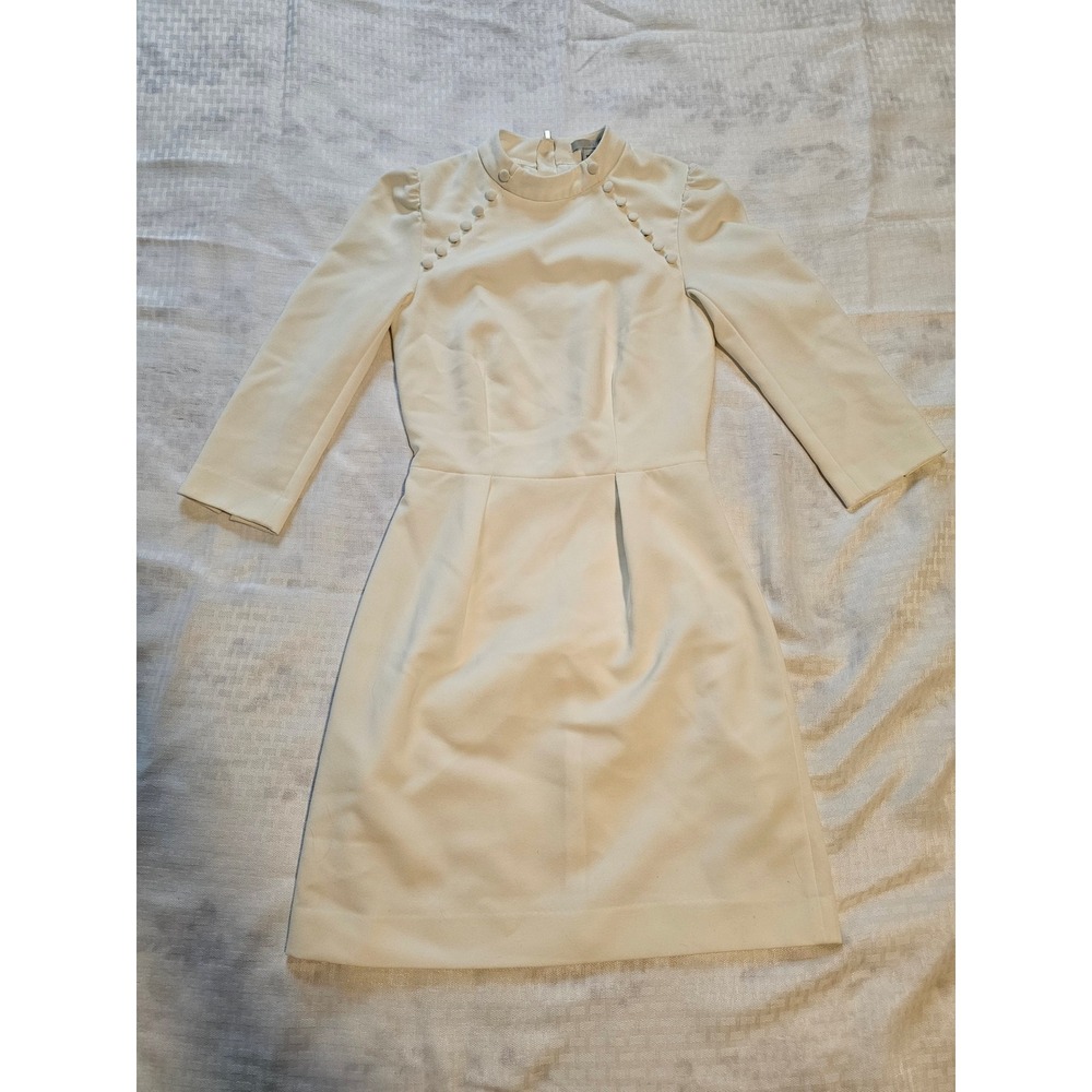H&M Sheathβ Dress Women Size 2 Cream Mock Neck Button Detail 3/4 Sleeve Mini